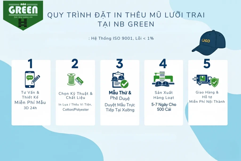 Quy Trình Đặt In Thêu Mũ Lưỡi Trai Tại NB Green